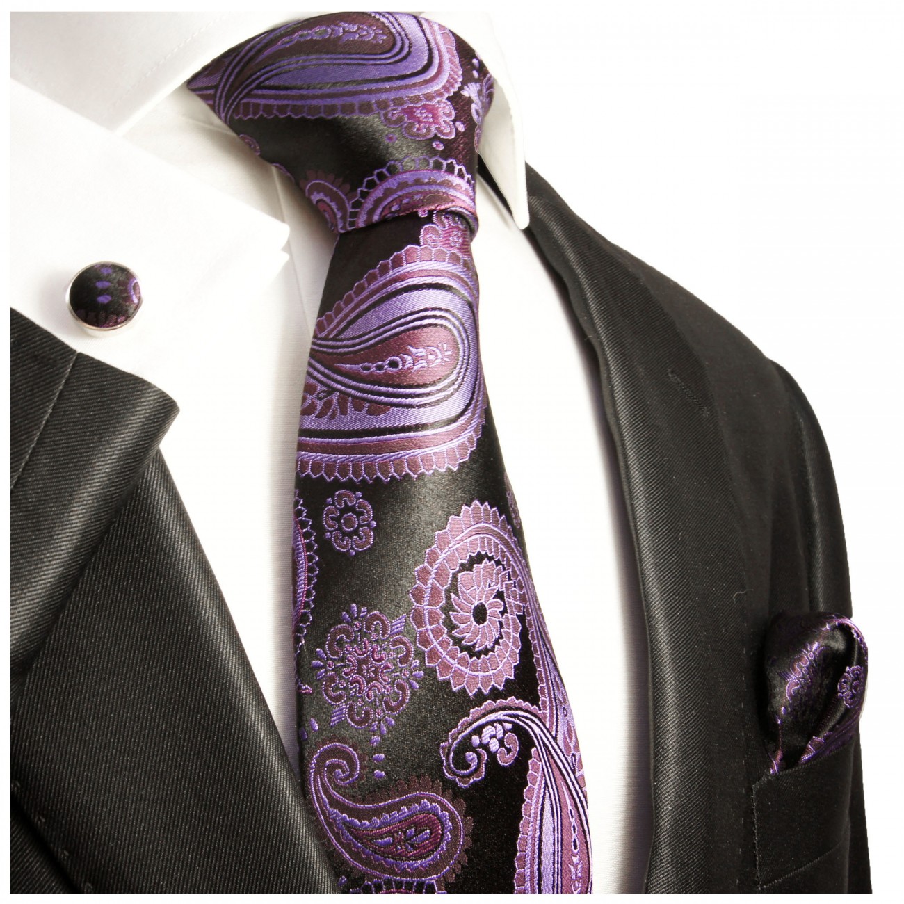 Krawatte lila violett paisley Seide mit Einstecktuch und Manschettenknöpfe