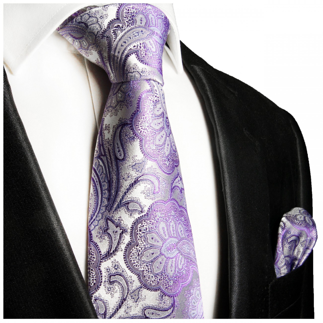 Krawatte lila violett floral paisley brokat Seide mit Einstecktuch