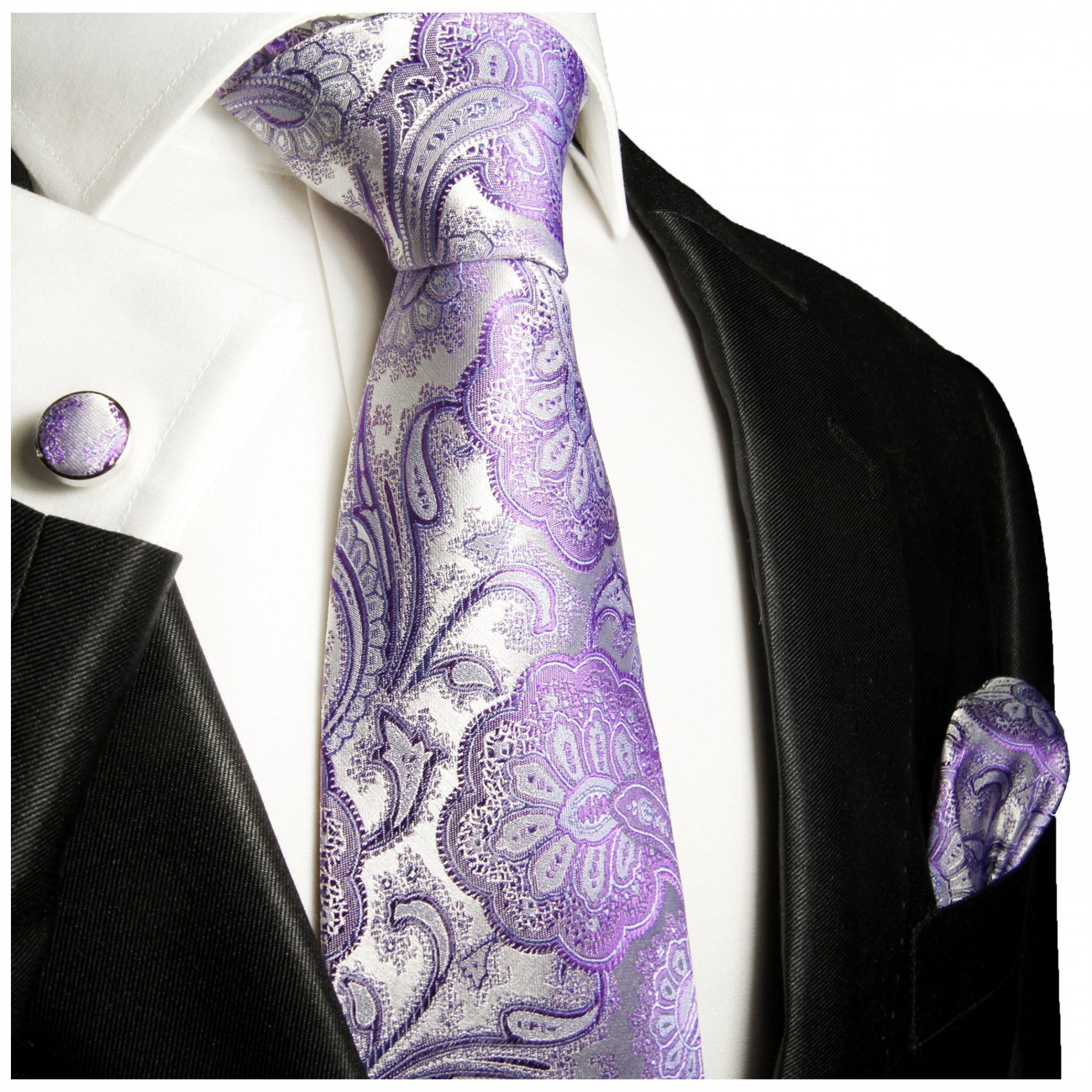 Krawatte lila violett floral paisley brokat Seide mit Einstecktuch und Manschettenknöpfe