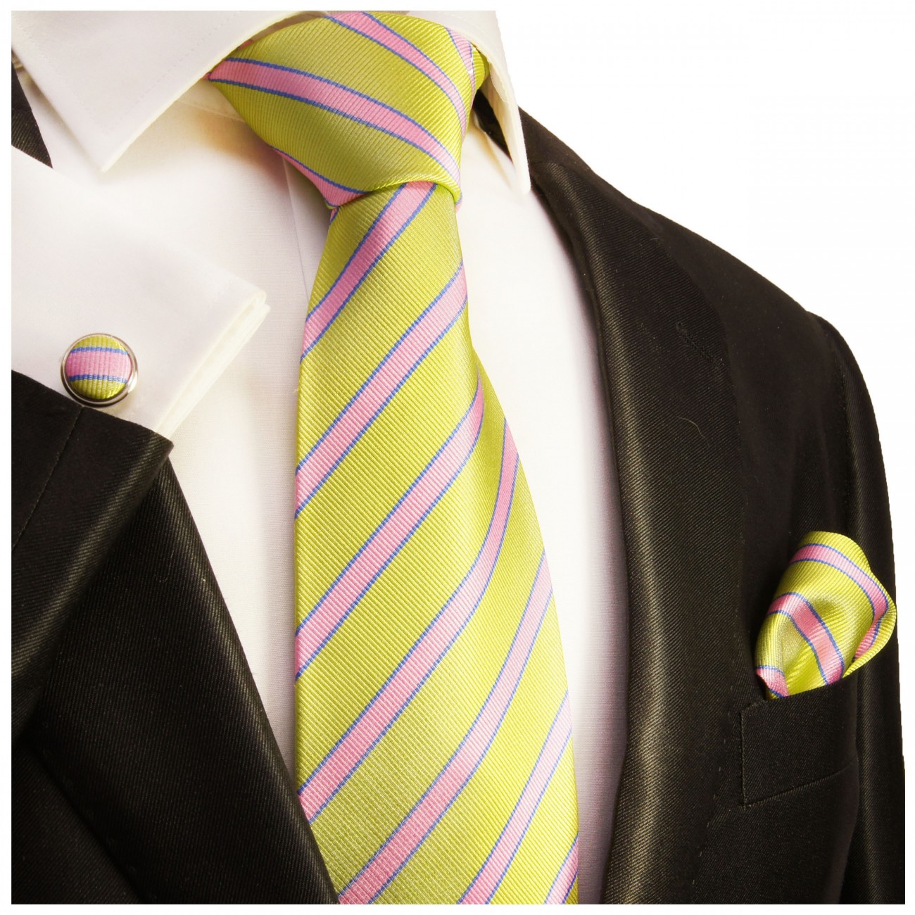 Krawatte grün pink mit Einstecktuch und Manschettenknöpfen