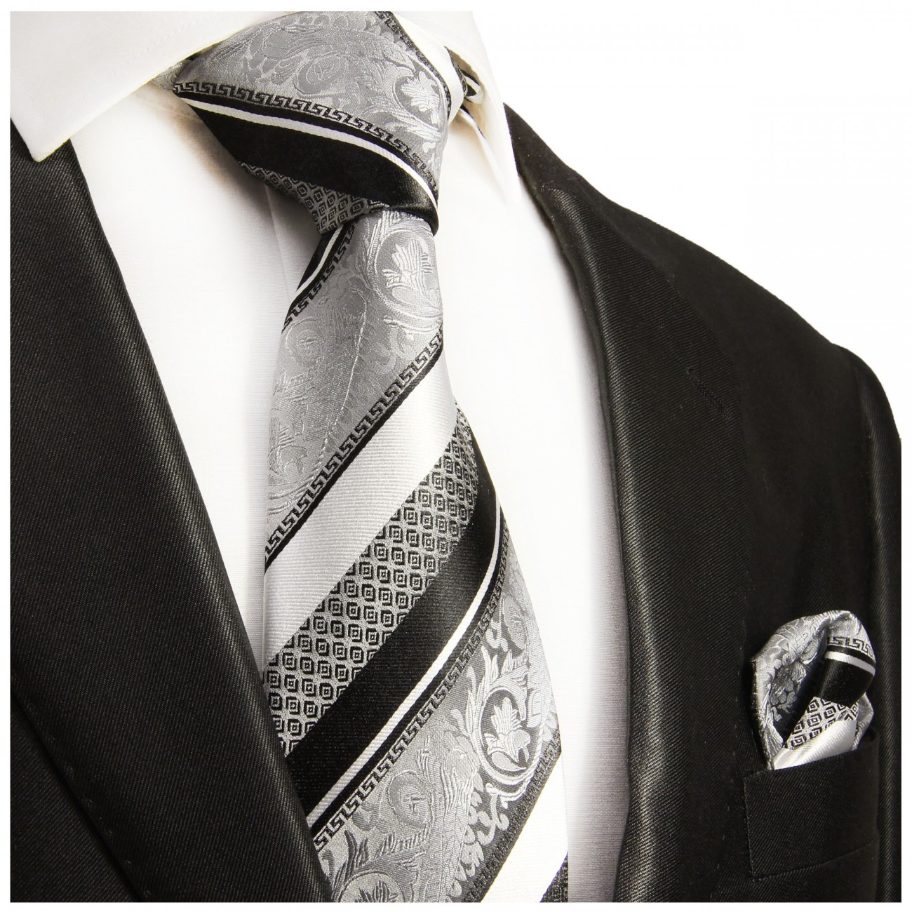Krawatte silber schwarz barock gestreift Seide mit Einstecktuch