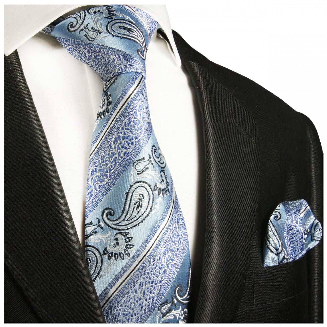 Hellblaue Krawatte mit Einstecktuch paisley gestreift Seide 384