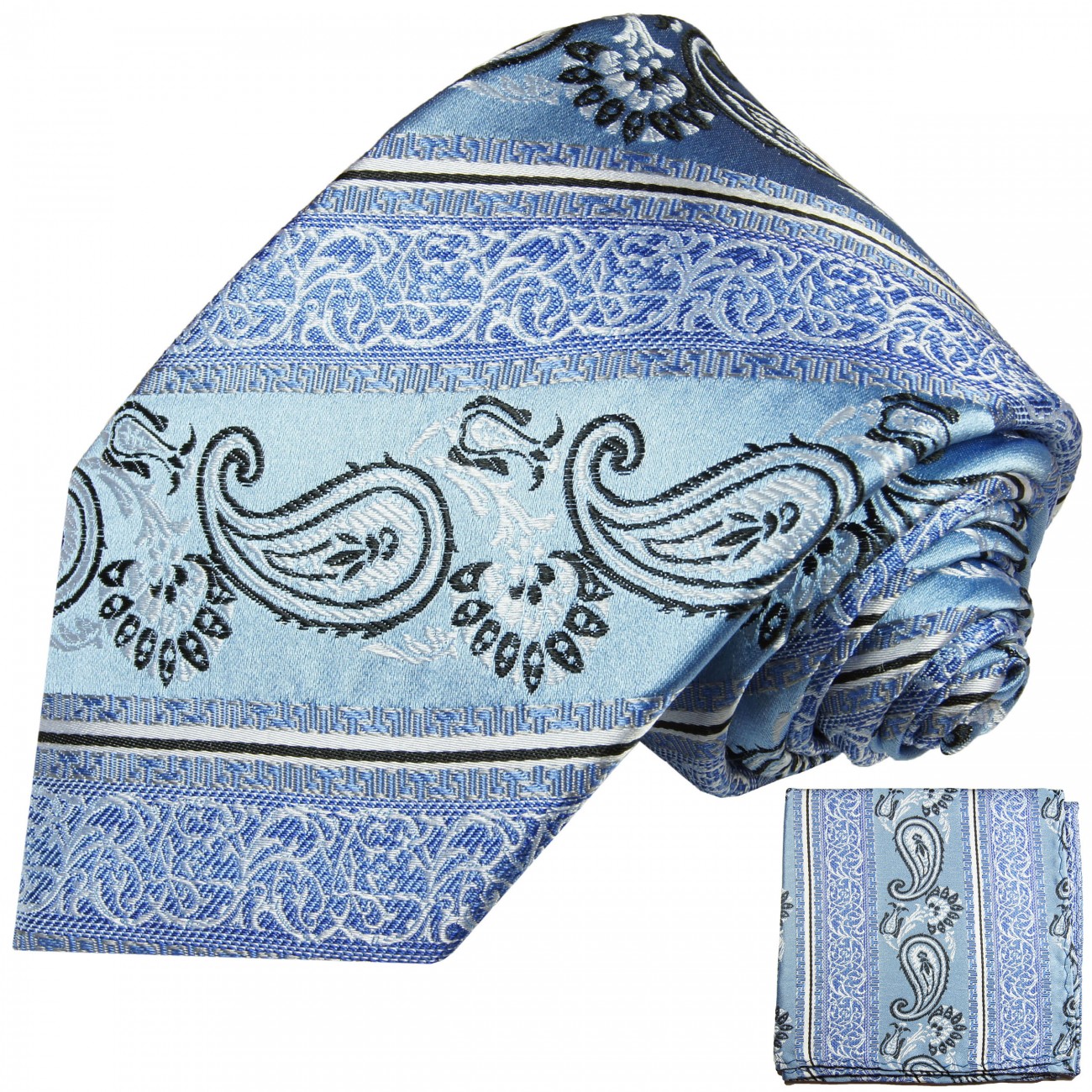 Krawatte hellblau mit Einstecktuch paisley gestreift Seide 384