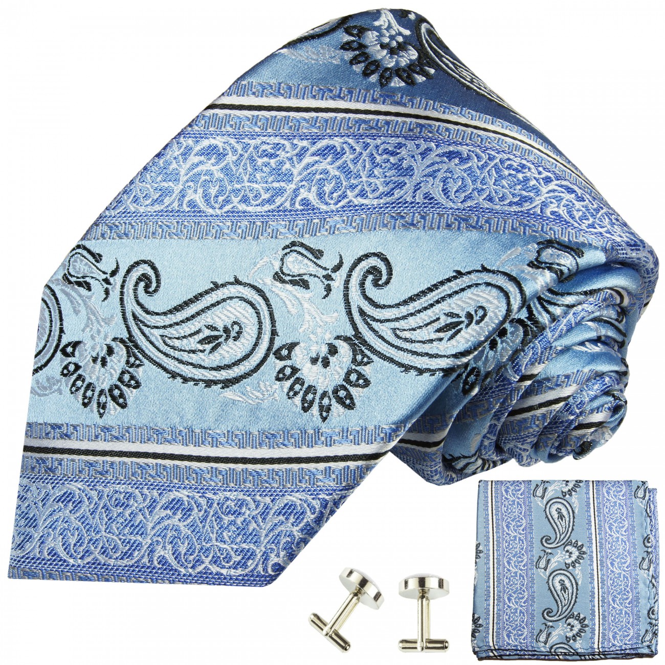 Krawatte hellblau mit Einstecktuch und Manschettenknöpfe paisley gestreift Seide 384
