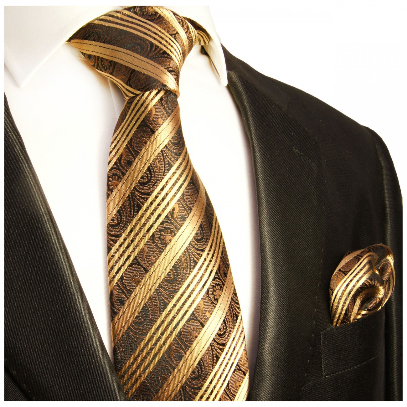 Krawatte gold braun gestreift mit Einstecktuch
