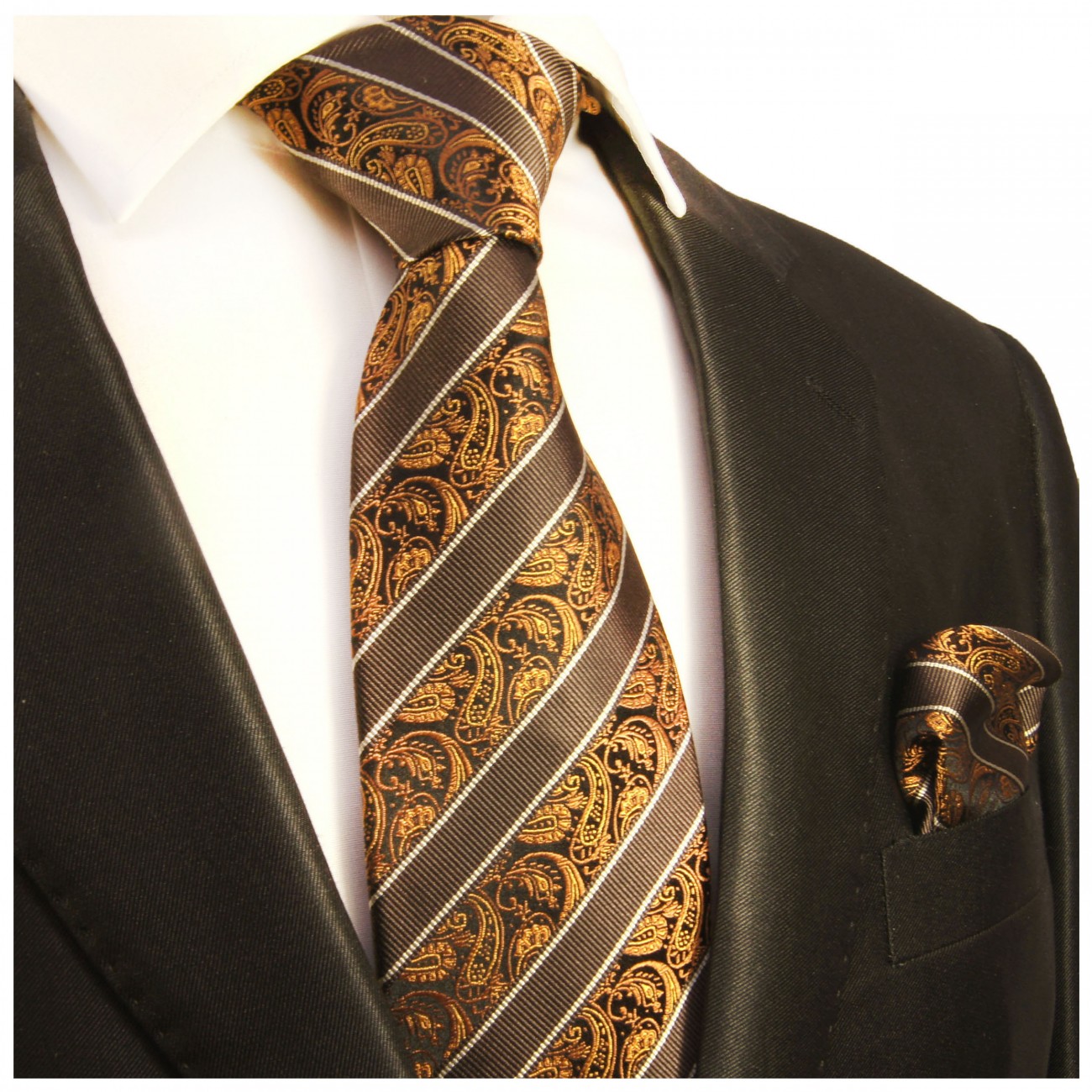 Krawatte braun paisley gestreift mit Einstecktuch
