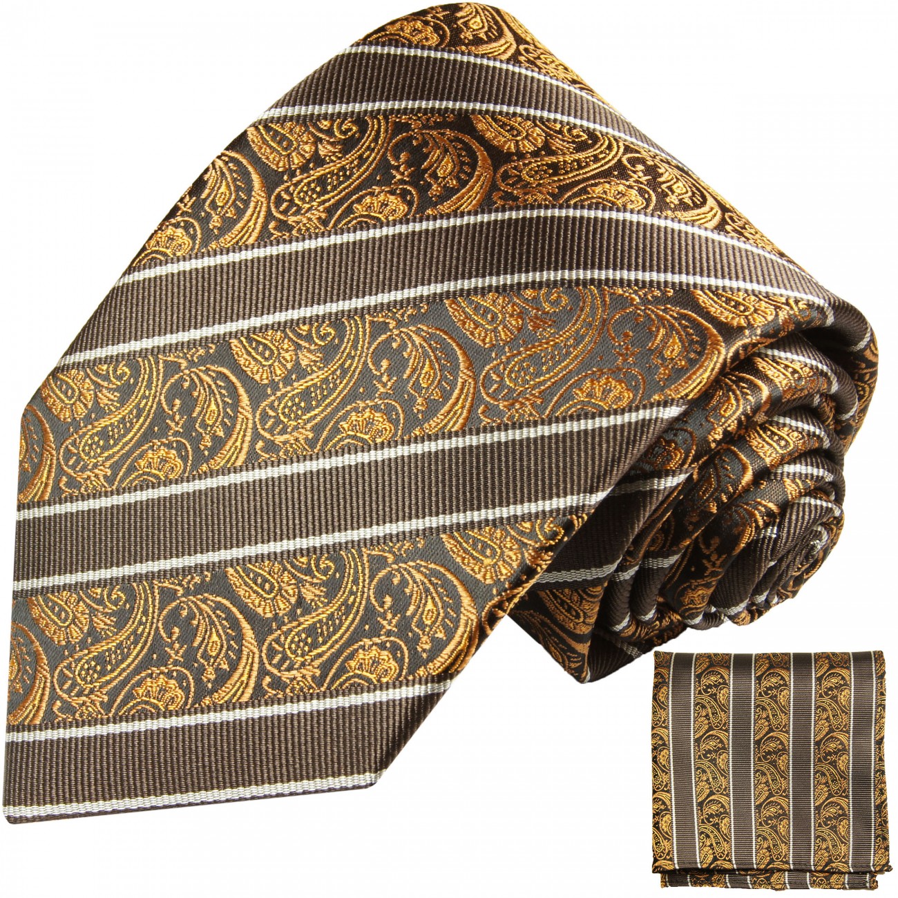 Krawatte braun gestreift mit Einstecktuch