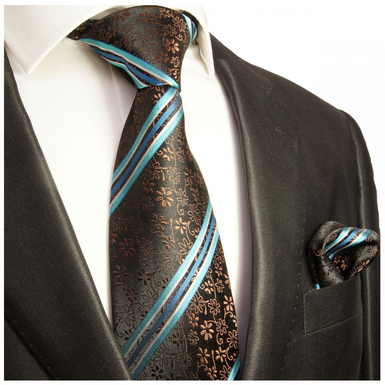 Extra lange Krawatte 165cm - Krawatte türkis braun floral gestreift