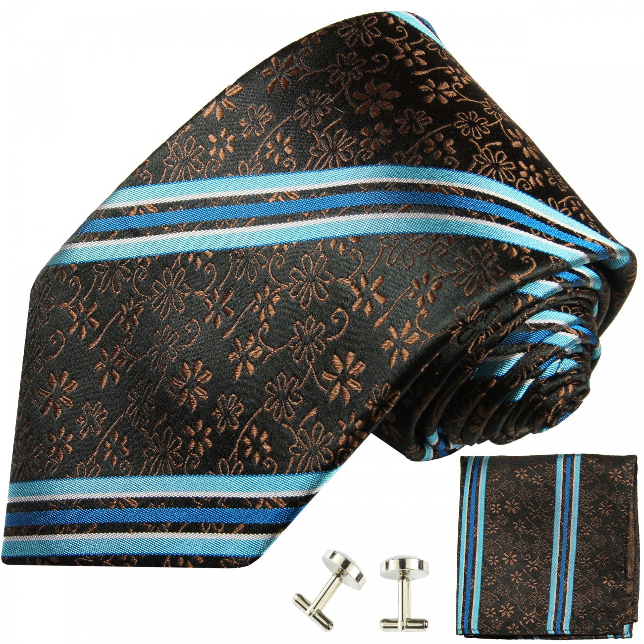 Extra lange Krawatte 165cm - Krawatte türkis braun floral gestreift