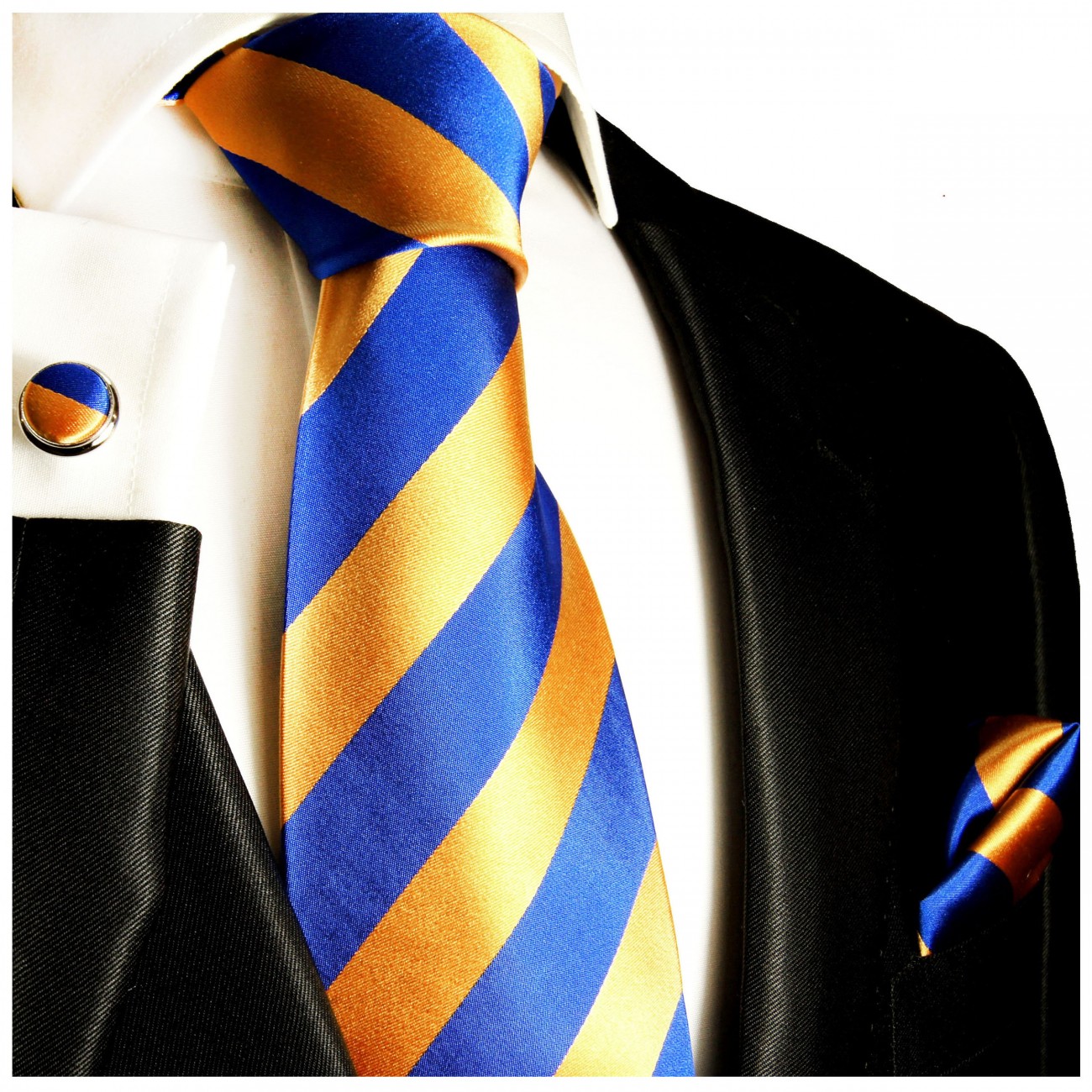 Krawatte orange blau gestreift mit Einstecktuch und Manschettenknöpfen Seide 409