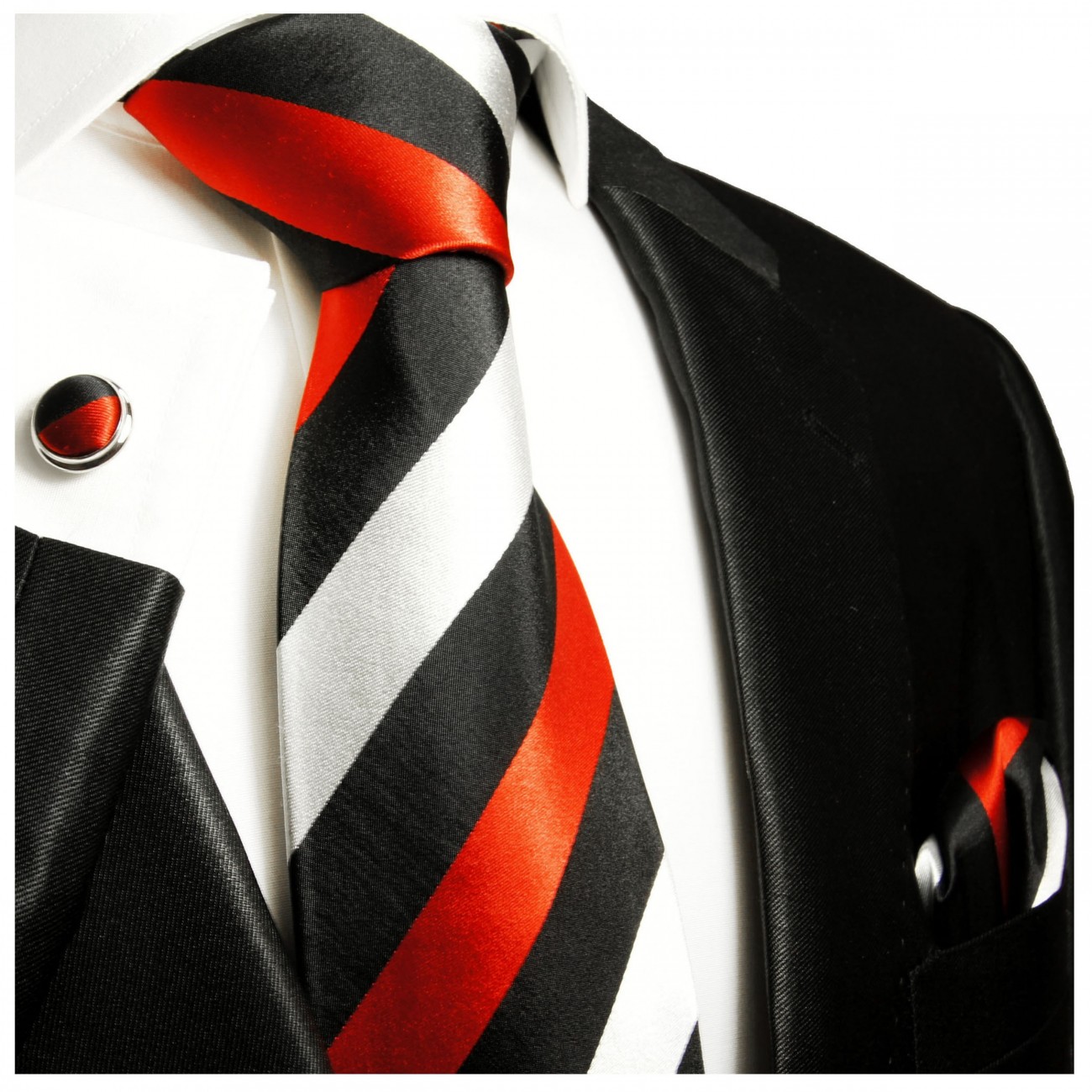 Krawatte rot silber schwarz gestreift Seide mit Einstecktuch und Manschettenknöpfe