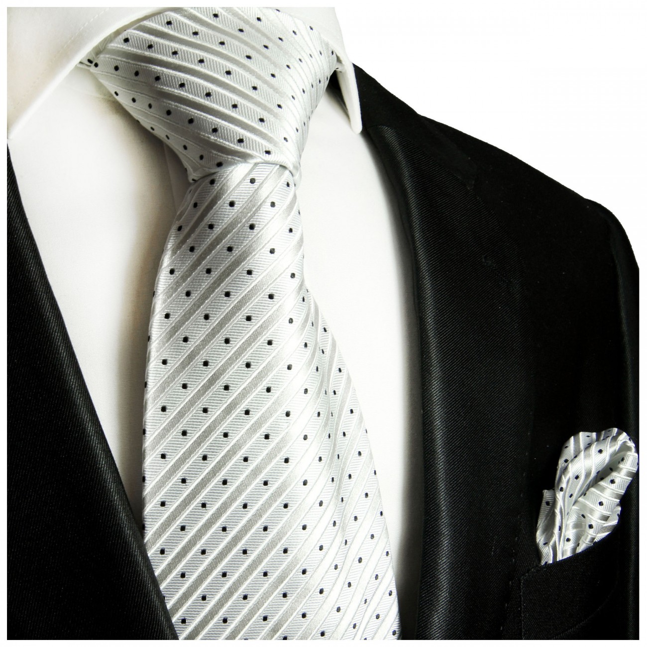 Krawatte silber weiß Seide gestreift mit Einstecktuch