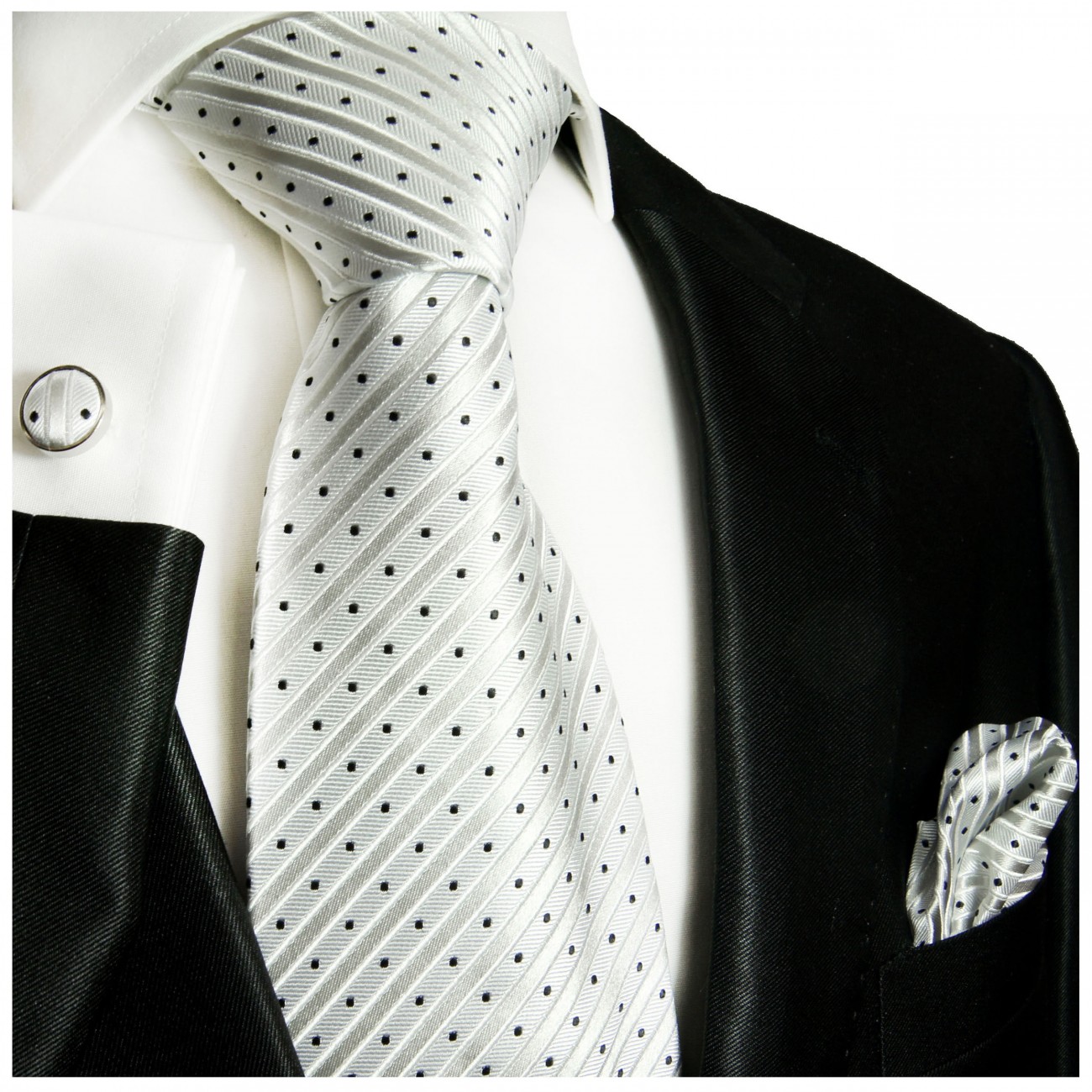 Krawatte silber weiß Seide gestreift mit Einstecktuch und Manschettenknöpfen
