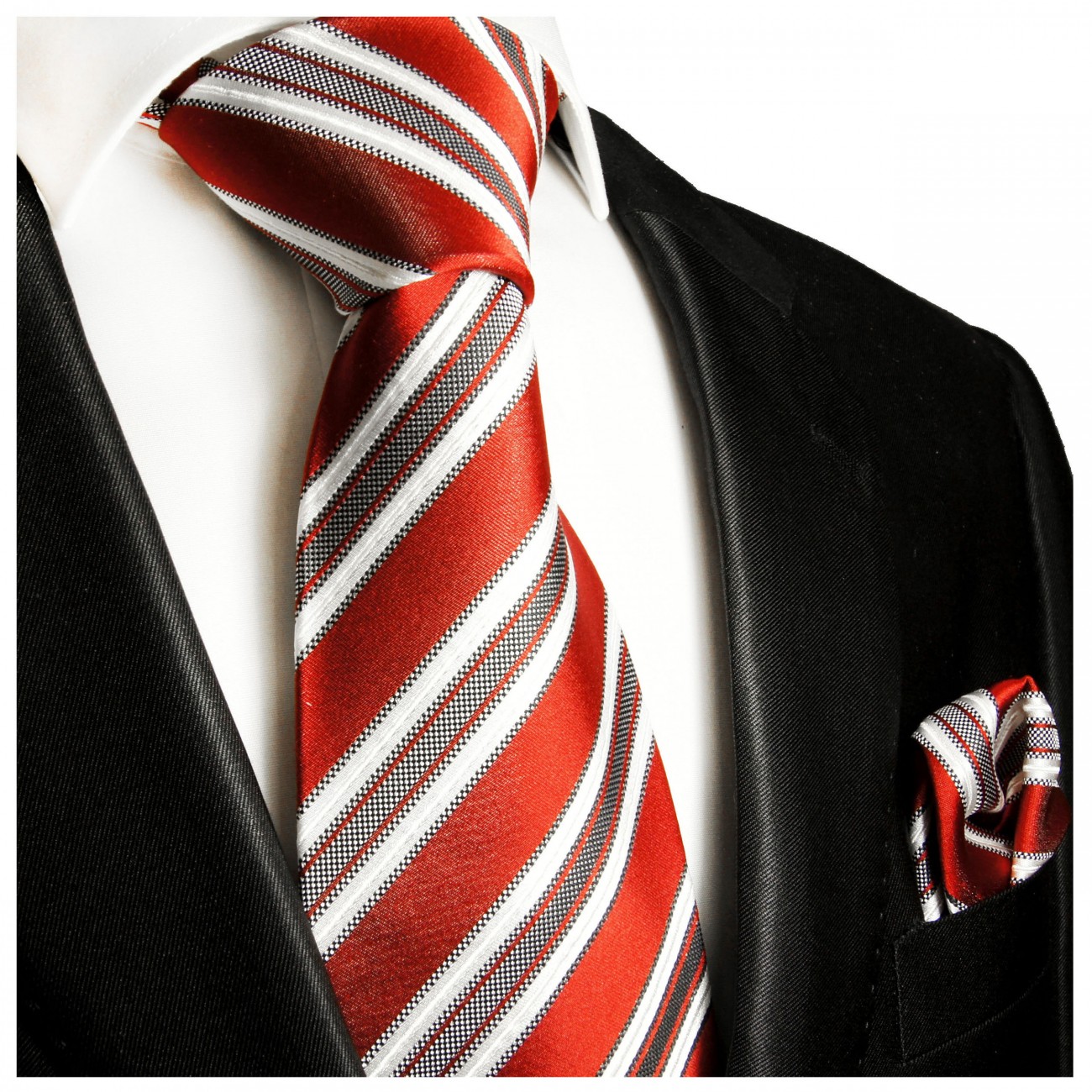 Krawatte rot grau gestreift Seide mit Einstecktuch