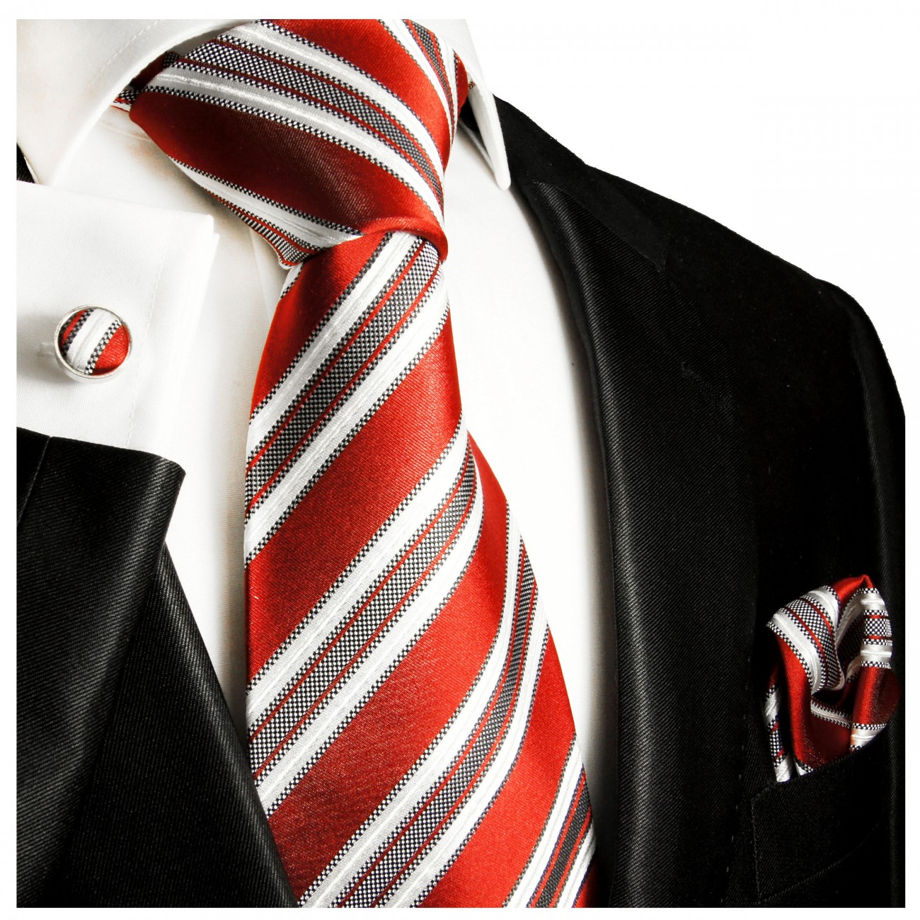 Krawatte rot grau gestreift Seide mit Einstecktuch und Manschettenknöpfe