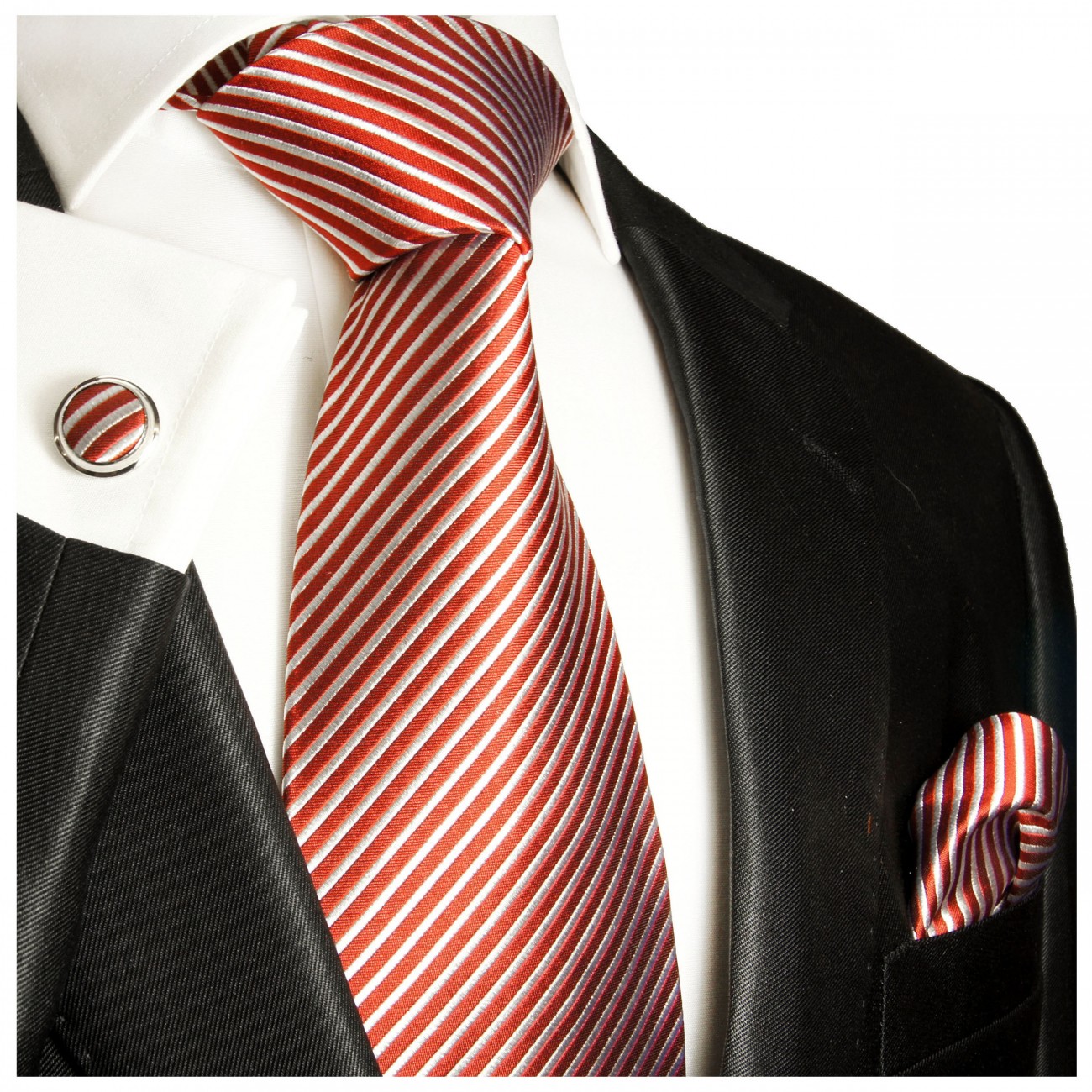 Krawatte rot weiß gestreift Seide mit Einstecktuch und Manschettenknöpfe