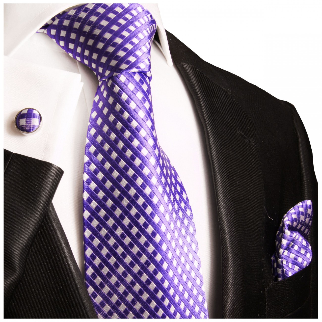 Krawatte lila violett gepunktet Seide mit Einstecktuch und Manschettenknöpfe