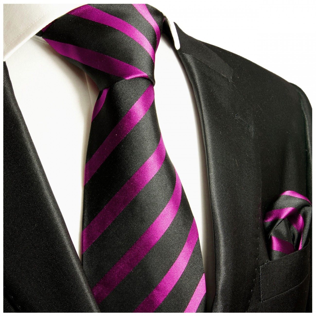 Krawatte pink schwarz gestreift Seide mit Einstecktuch