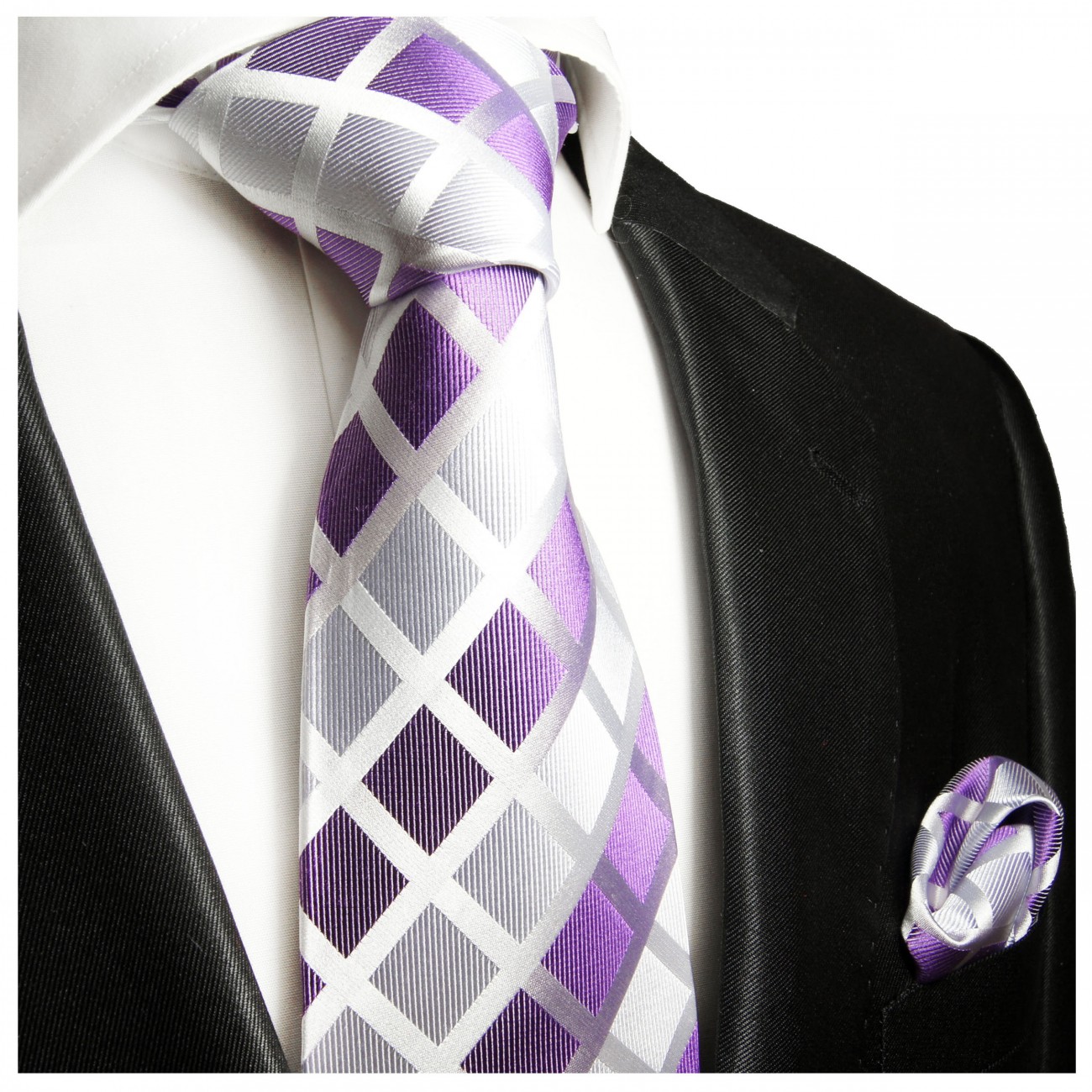 Extra lange Krawatte 165cm - Krawatte Überlänge - silber lila kariert