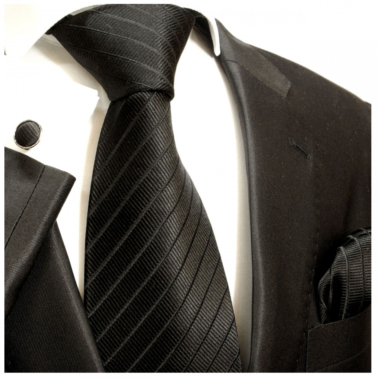 Krawatte schwarz uni gestreift Seide mit Einstecktuch und Manschettenknöpfe