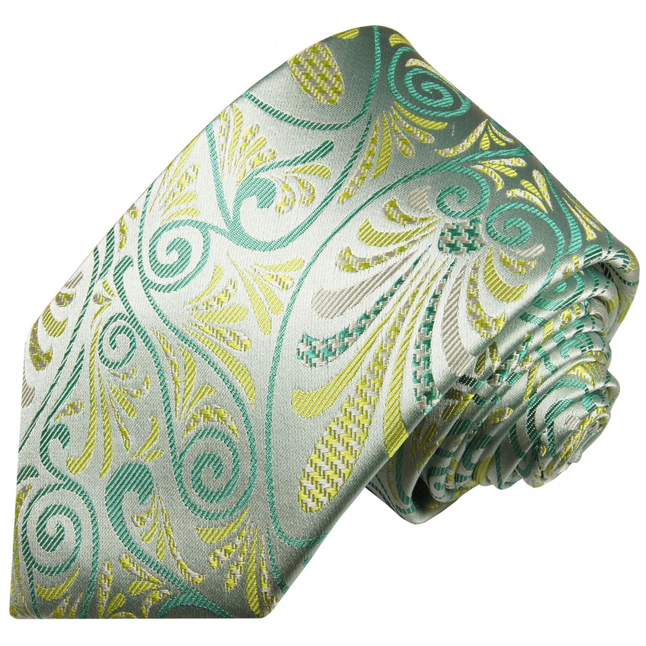 Extra lange Krawatte 165cm - Krawatte silber grün gelb floral