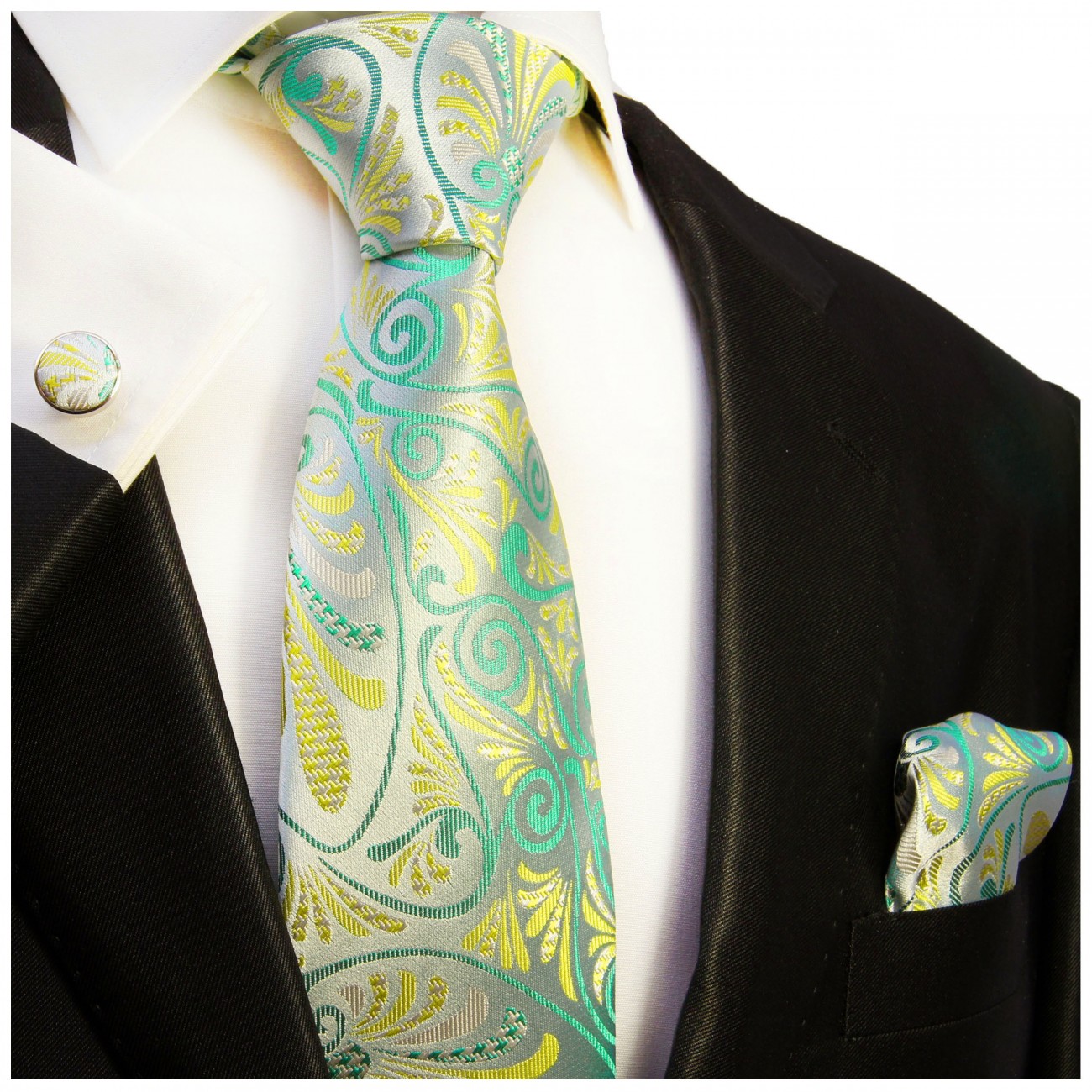 Extra lange Krawatte 165cm - Krawatte silber grün gelb floral