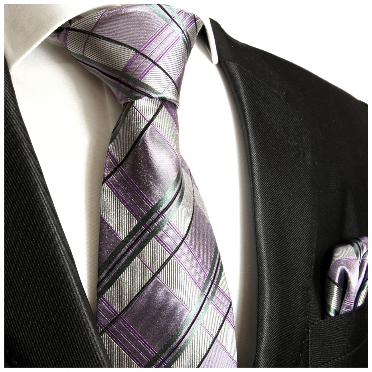 Krawatte lila violett Schottenmuster mit Einstecktuch