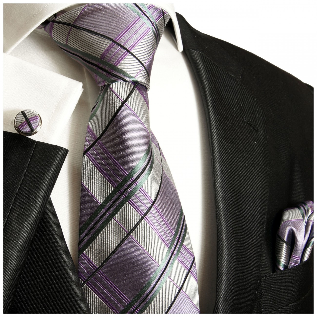 Krawatte lila violett Schottenmuster mit Einstecktuch und Manschettenknöpfe