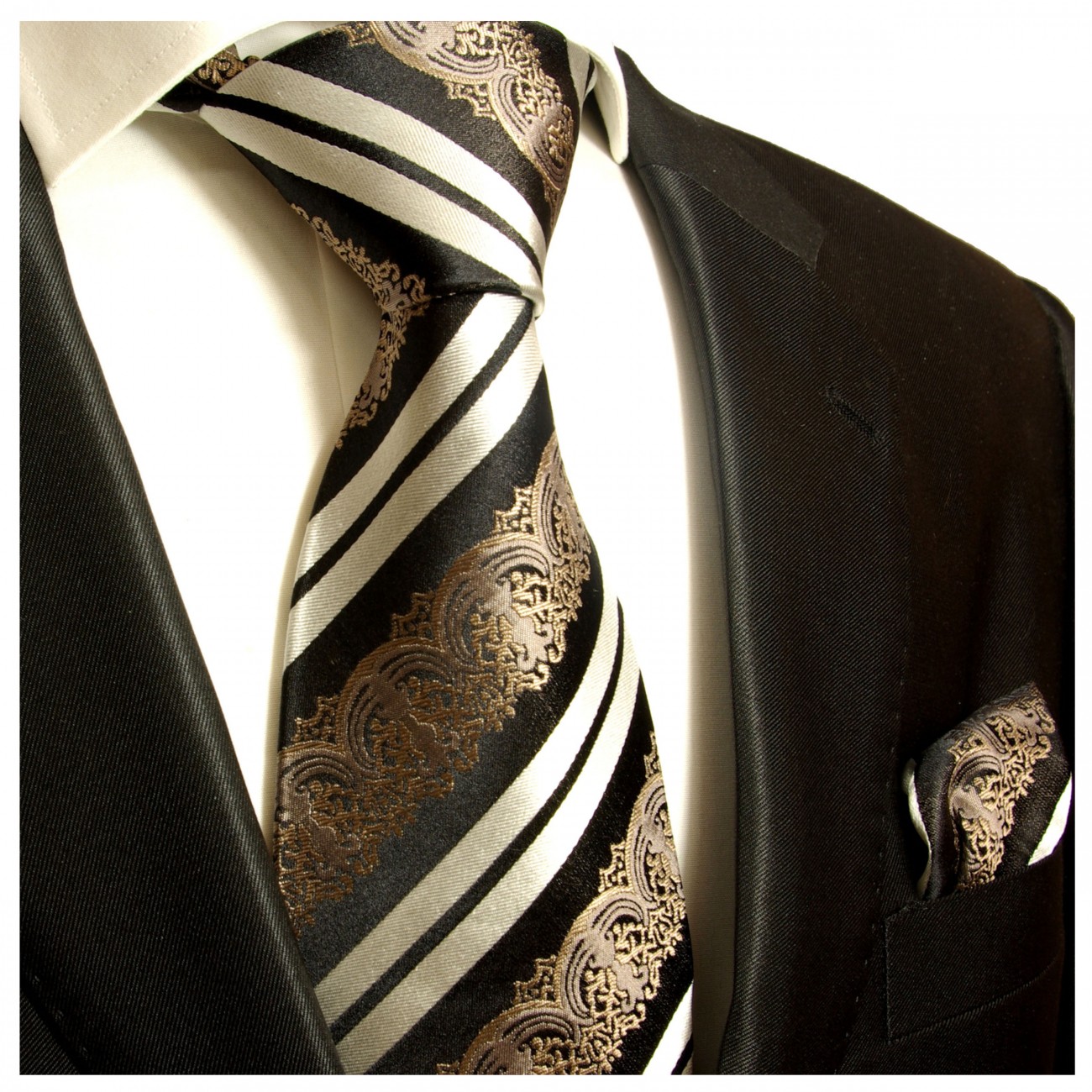 Krawatte schwarz barock gestreift Seide mit Einstecktuch
