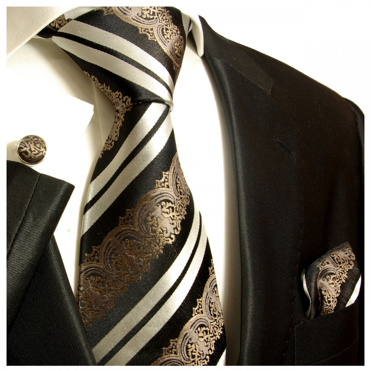 Krawatte schwarz barock gestreift Seide mit Einstecktuch und Manschettenknöpfe