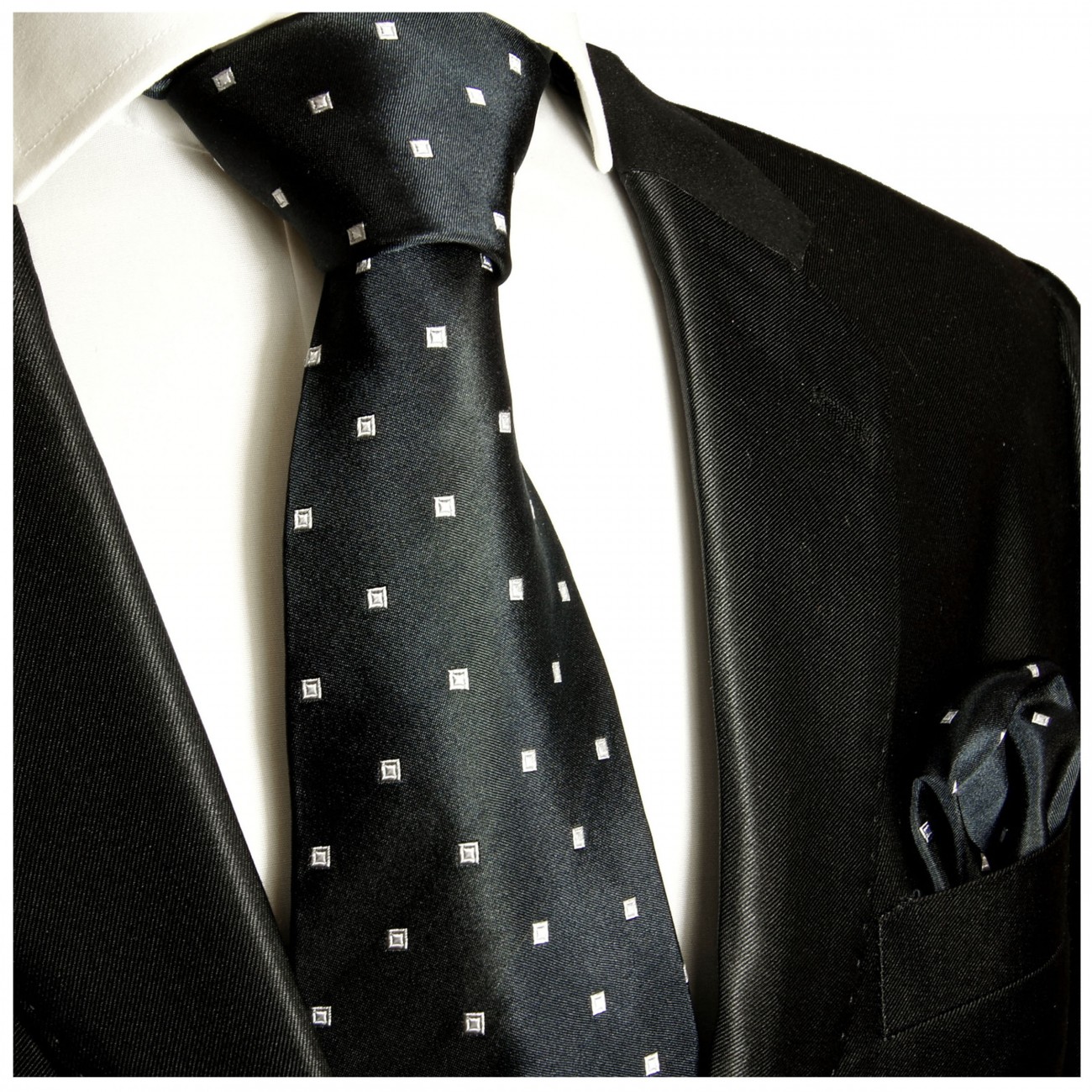 Krawatte schwarz gepunktet Seide mit Einstecktuch