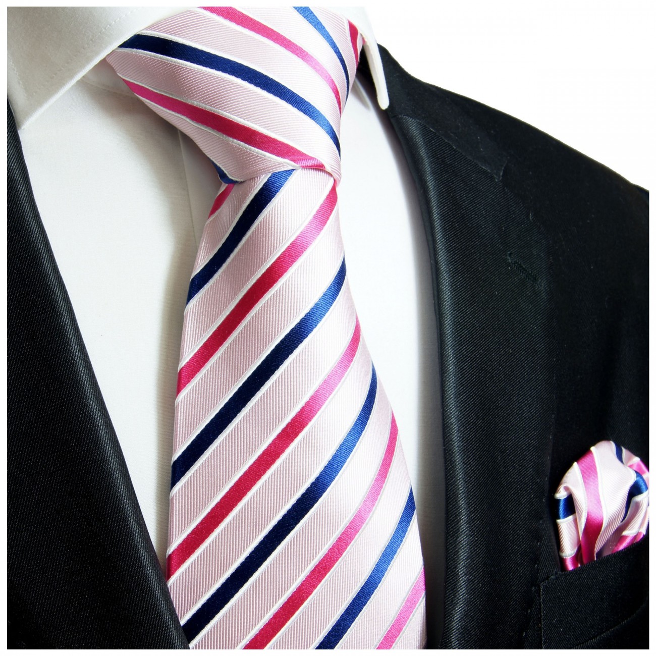 Krawatte pink rosa blau gestreift Seide mit Einstecktuch
