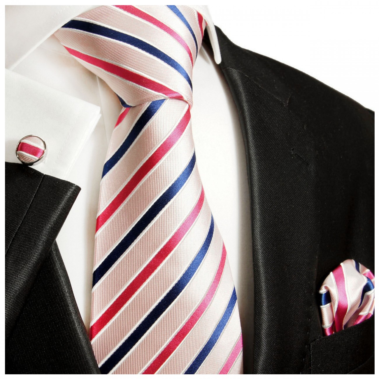Krawatte pink rosa blau gestreift Seide mit Einstecktuch und Manschettenknöpfen
