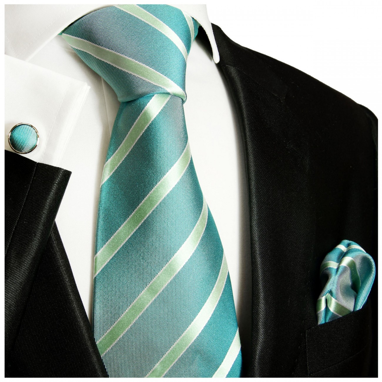 Krawatte türkis grün gestreift mit Einstecktuch und Manschettenknöpfe Seide 715