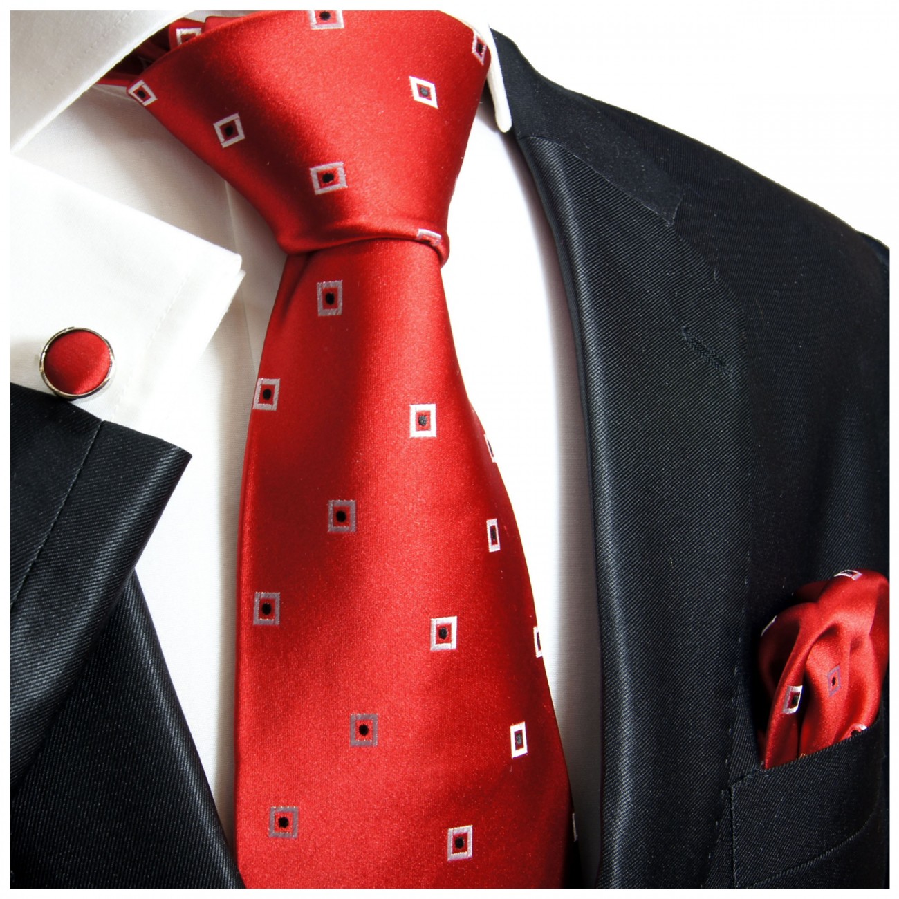 Krawatte rot kariert Seide mit Einstecktuch und Manschettenknöpfe