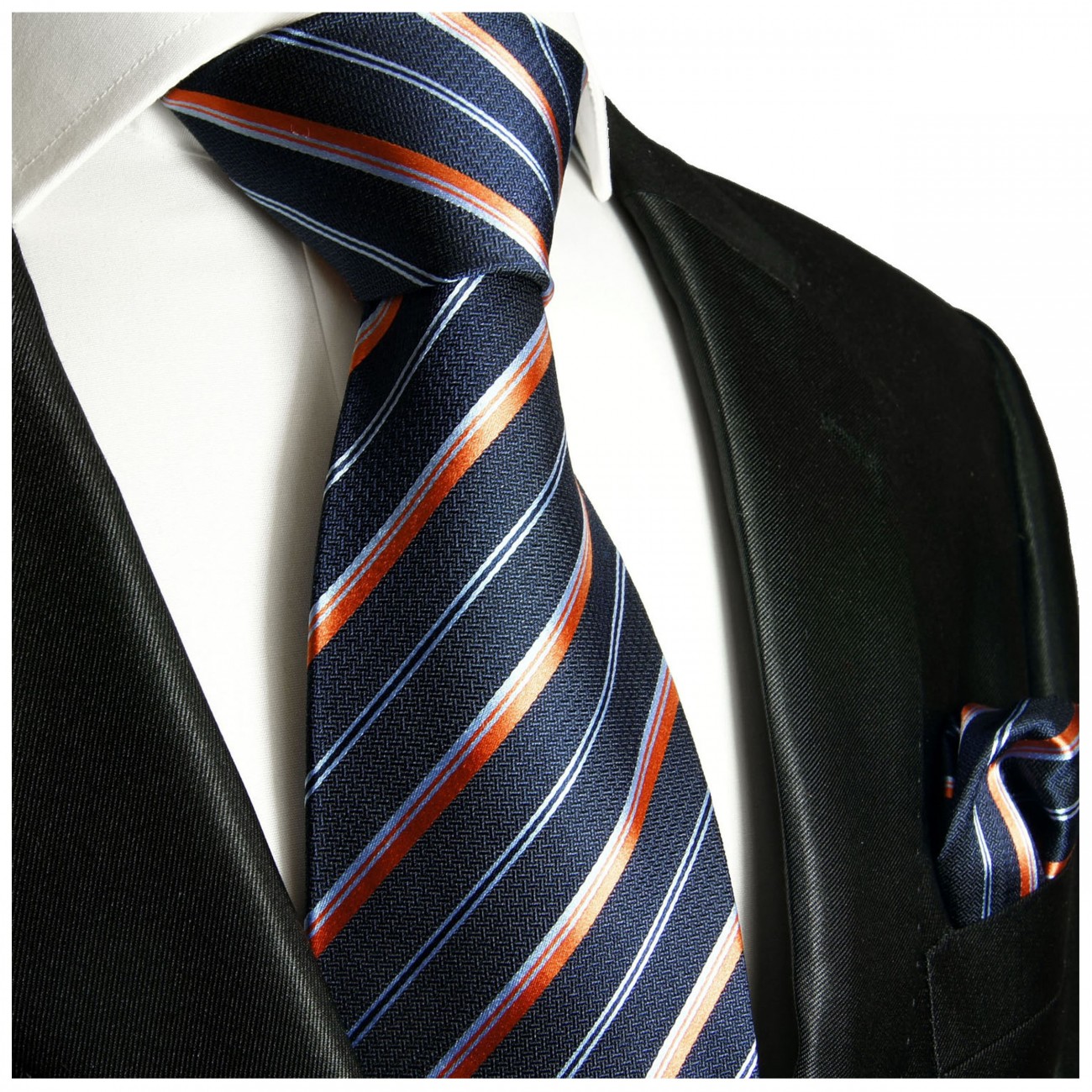 Krawatte blau orange gestreift mit Einstecktuch 722