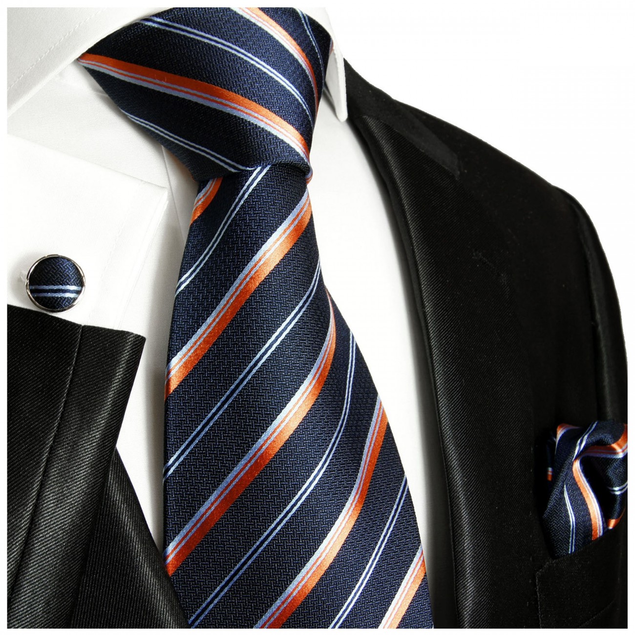 Krawatte blau orange gestreift mit Einstecktuch und Manschettenknöpfen 722
