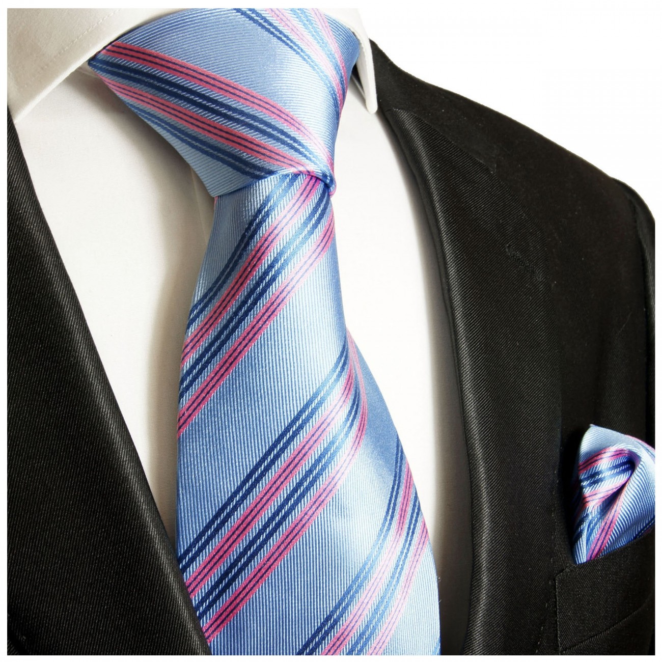 Krawatte hellblau pink gestreift mit Einstecktuch 727