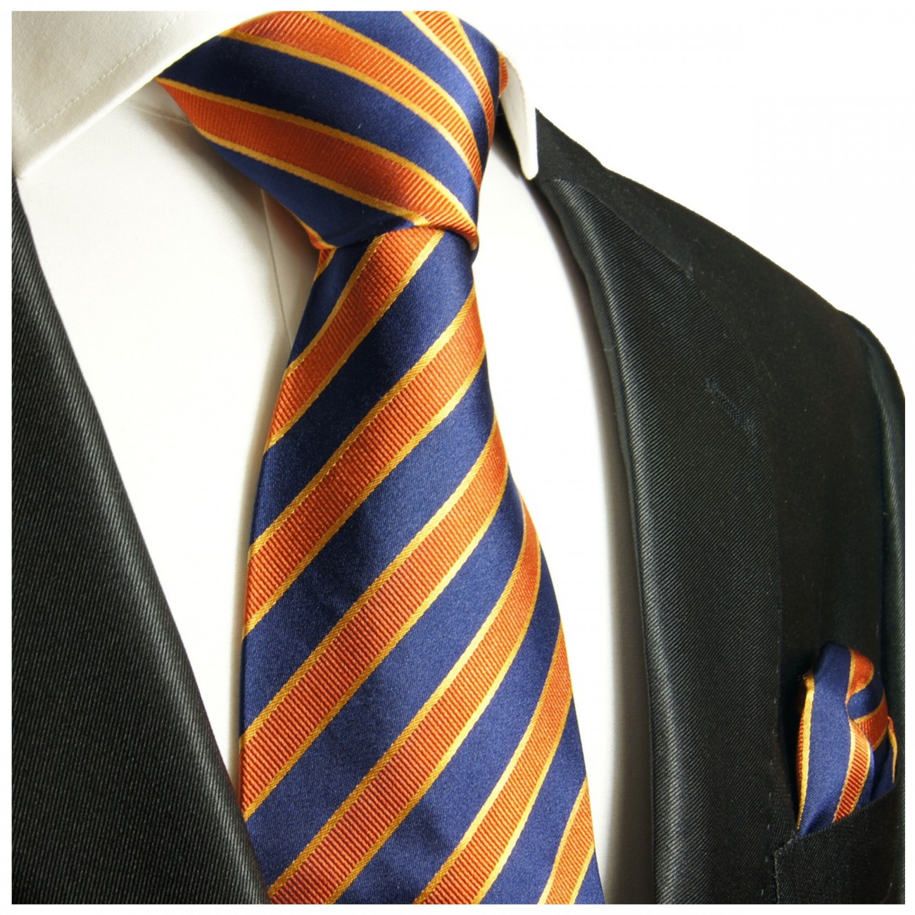 Krawatte blau orange gestreift mit Einstecktuch 728