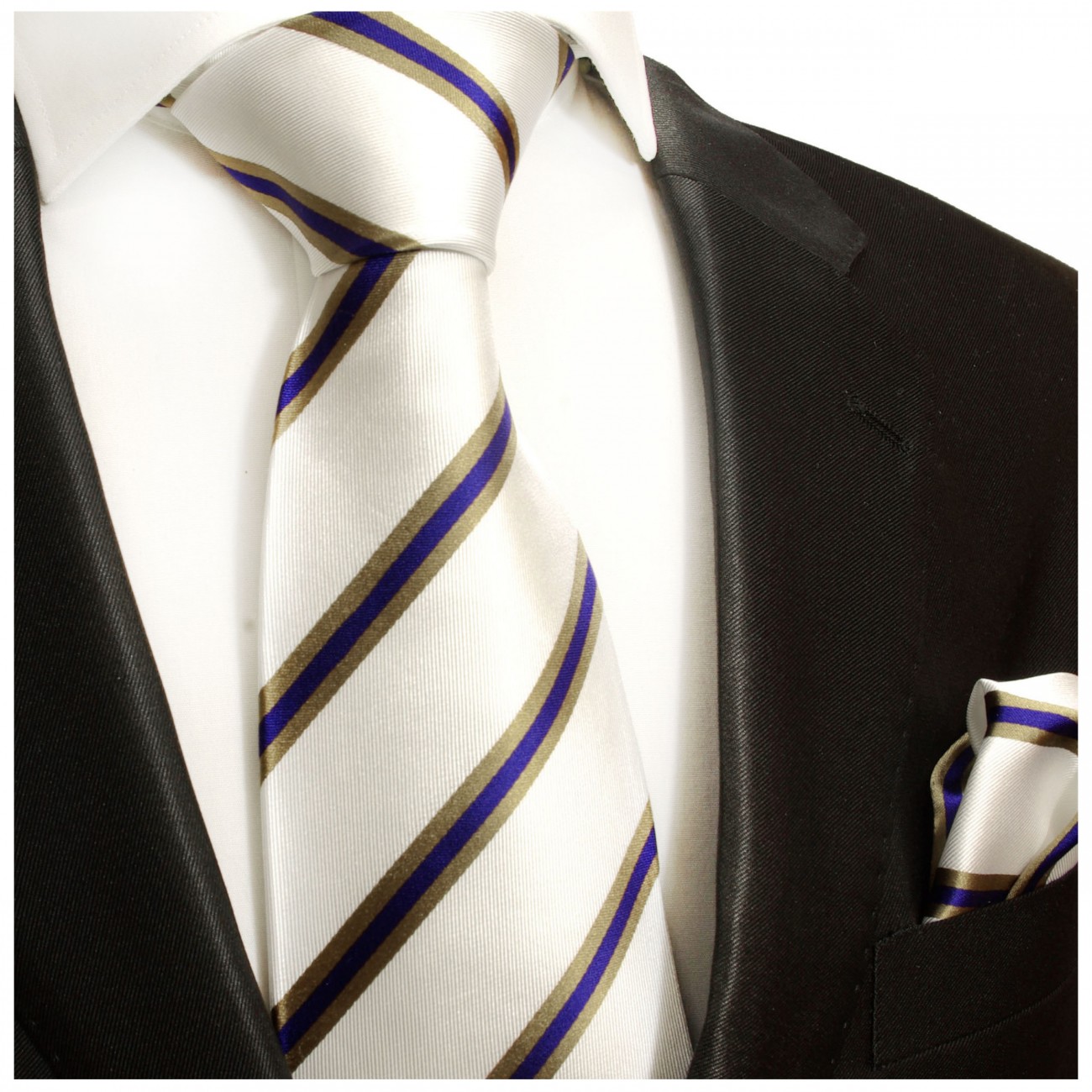 Krawatte blau weiss gestreift mit Einstecktuch Seide 782