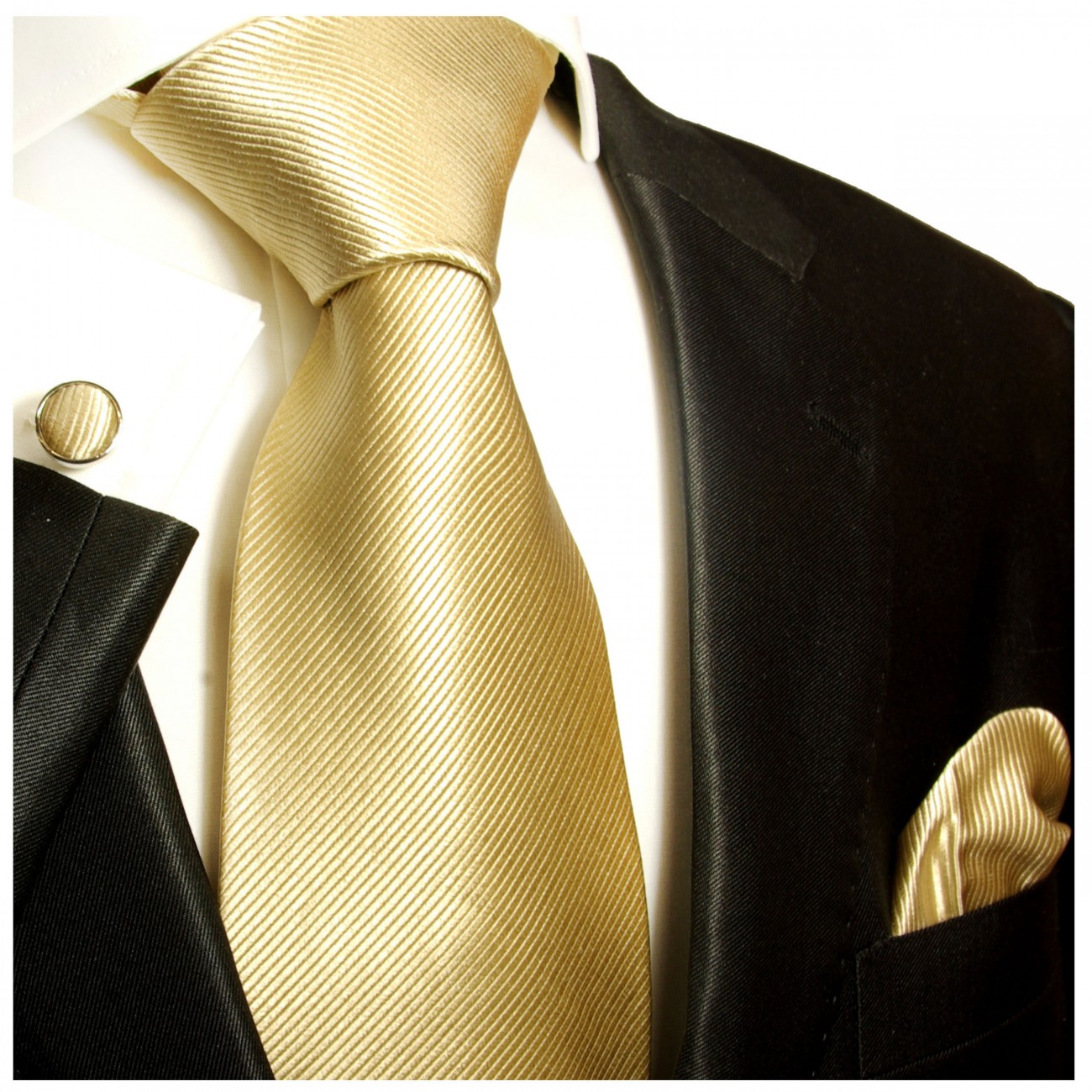 Krawatte gold braun uni mit Einstecktuch und Manschettenknöpfe