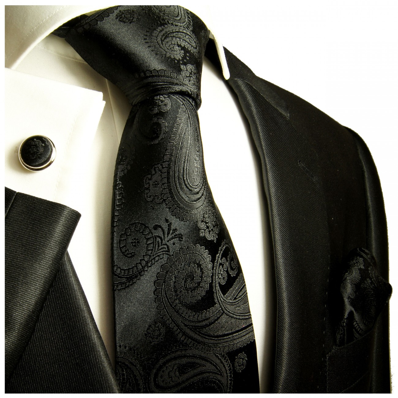 Krawatte schwarz uni paisley Seide mit Einstecktuch und Manschettenknöpfe