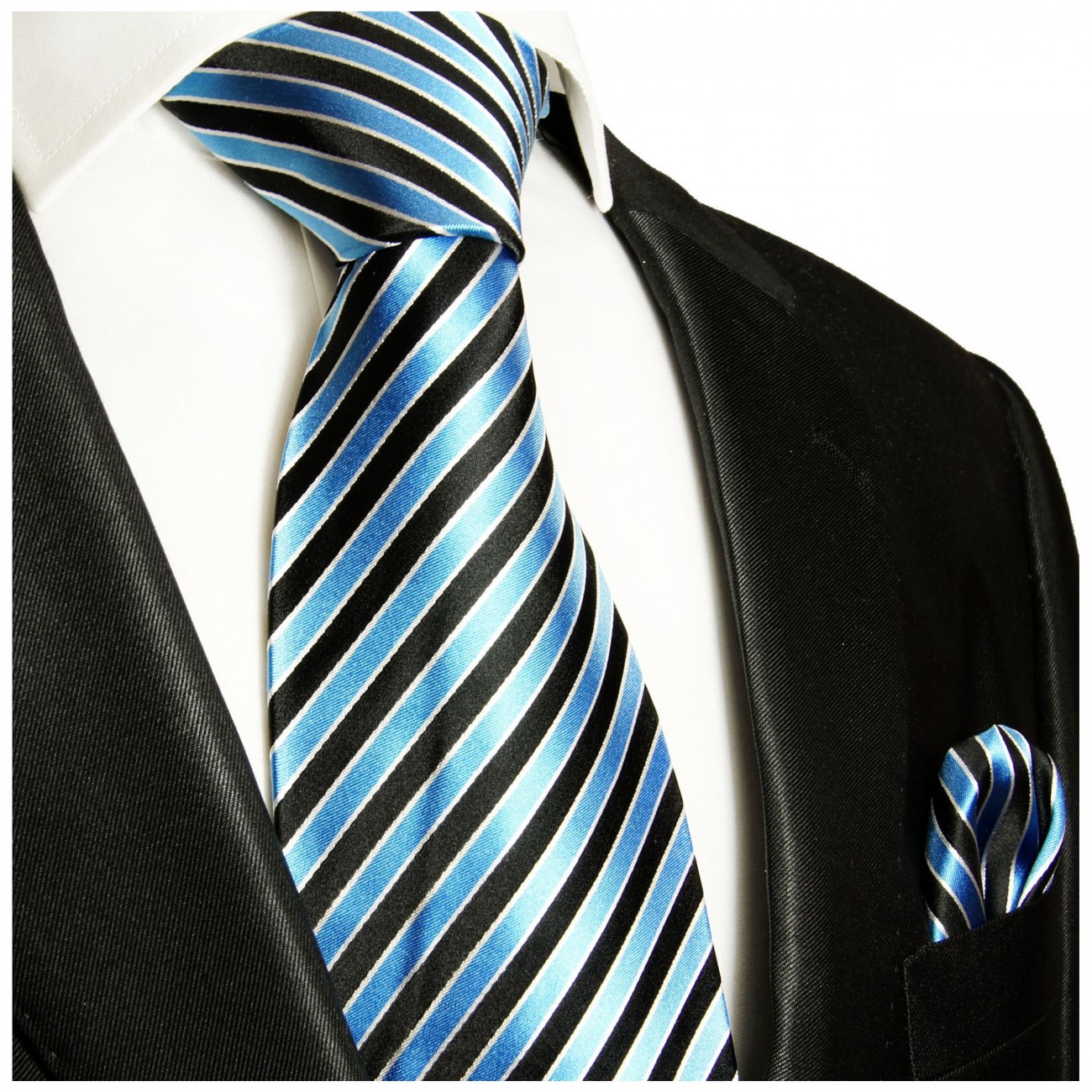 Krawatte türkis blau mit Einstecktuch gestreift Seide 831