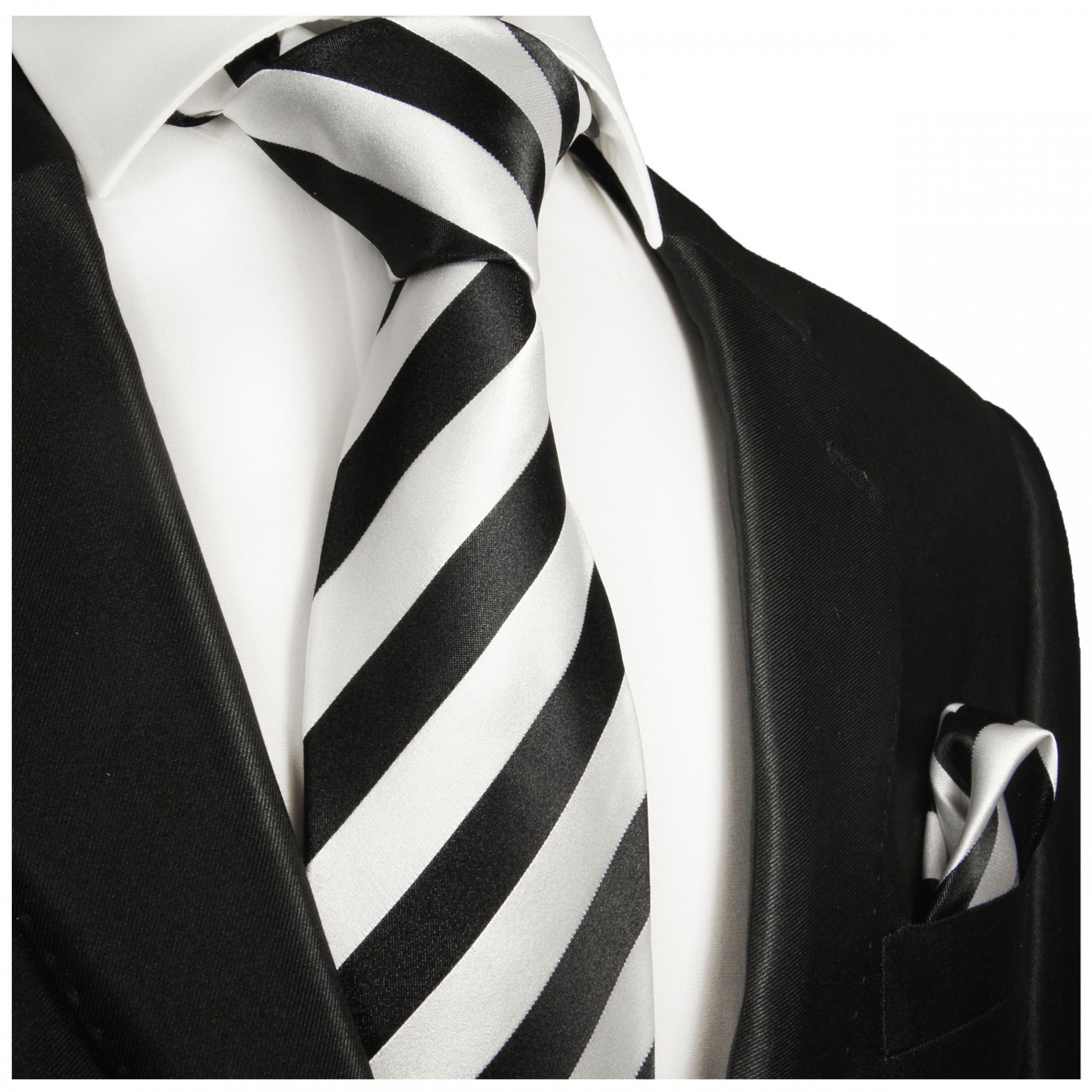 Krawatte schwarz weiß gestreift Seide mit Einstecktuch