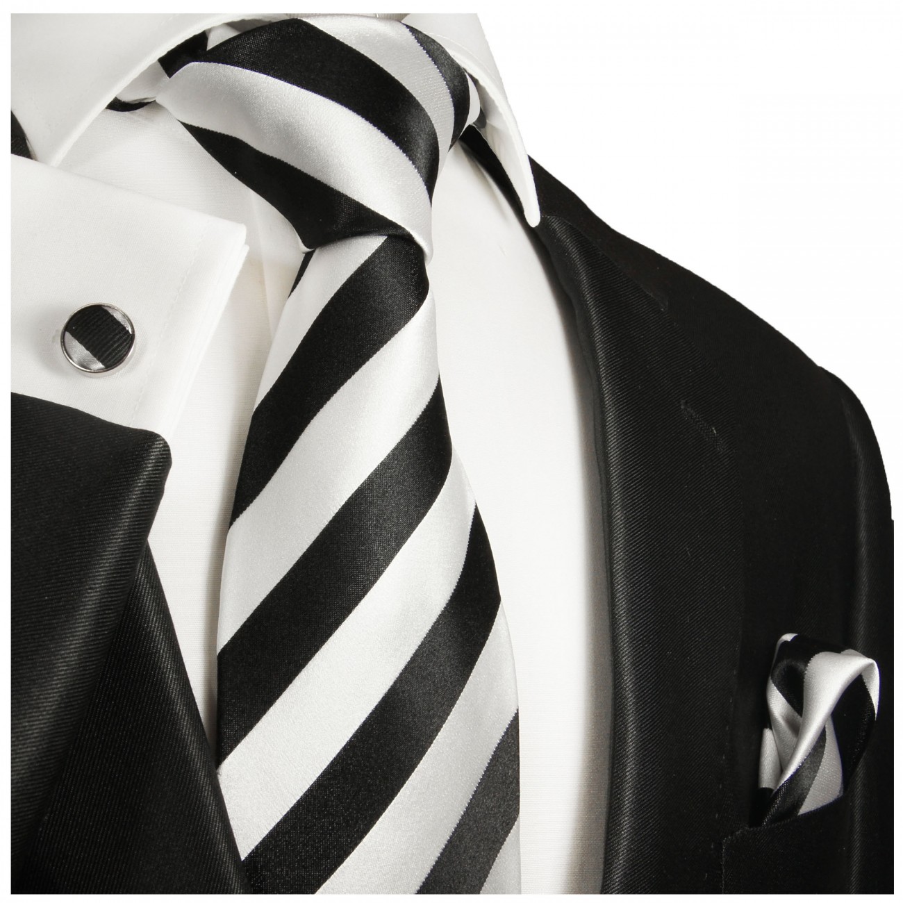 Krawatte schwarz weiß gestreift Seide mit Einstecktuch und Manschettenknöpfe