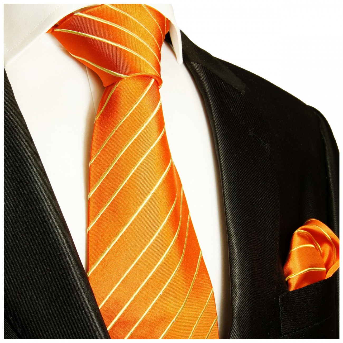 Krawatte orange gold gestreift mit Einstecktuch