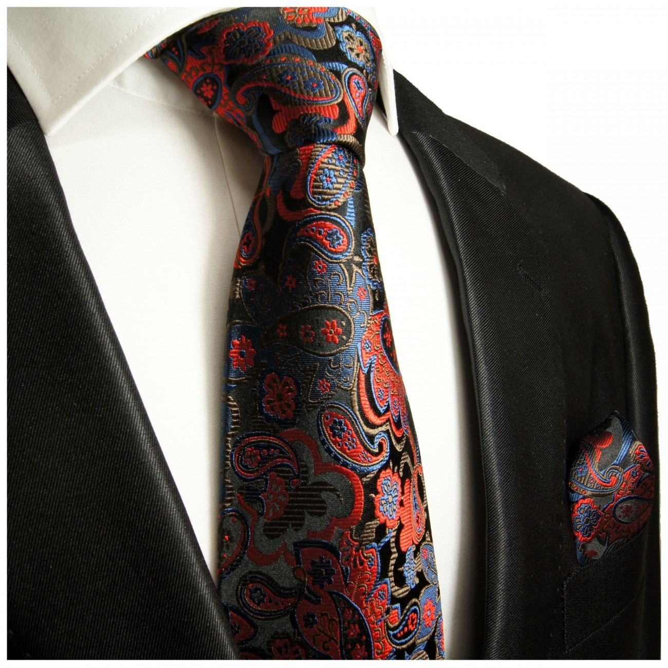 Krawatte schwarz rot blau paisley Seide mit Einstecktuch