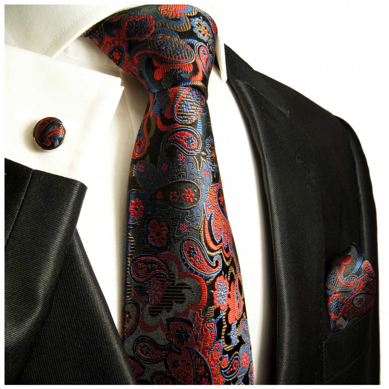 Krawatte schwarz rot blau paisley Seide mit Einstecktuch und Manschettenknöpfe