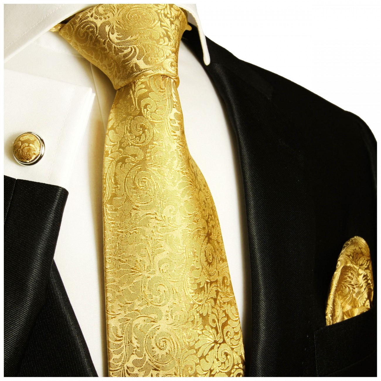 Krawatte gold barock Seide mit Einstecktuch und Manschettenknoepfe