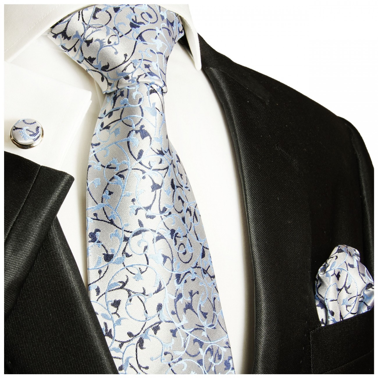 Extra lange Krawatte 165cm - Krawatte Überlänge - silber blau floral